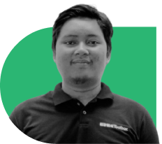 Portrait of a man with short dark hair, wearing a dark polo shirt, smiling, against a green rounded background.