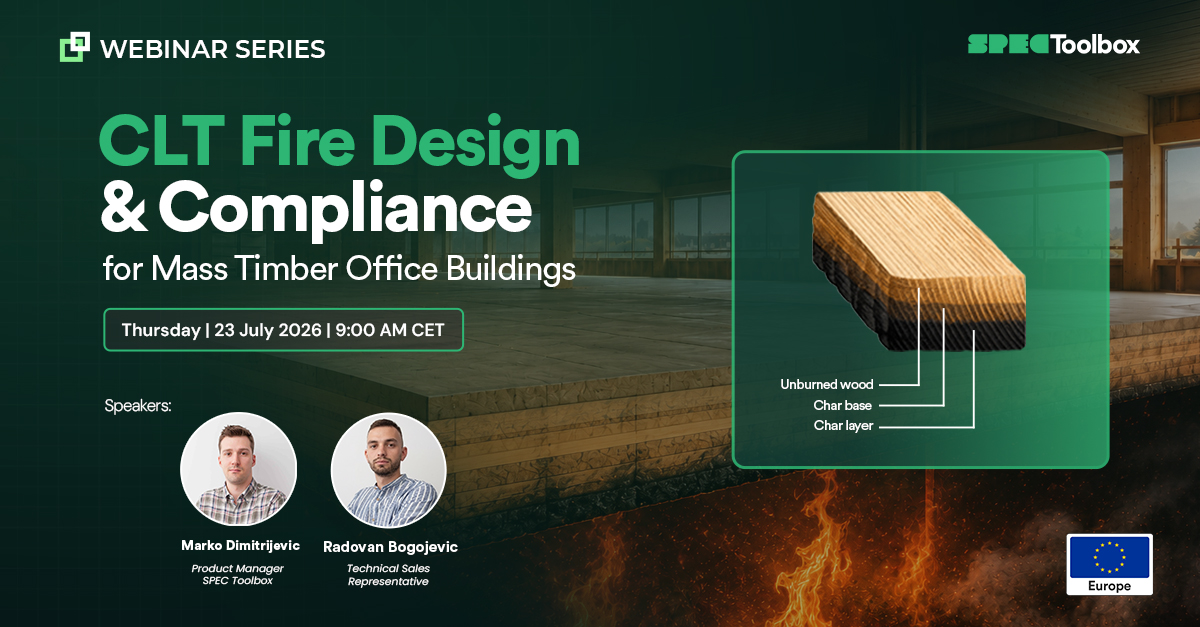 Webinar banner for 'CLT Fire Design & Compliance' with date and speakers, on a dark green background with wood block diagram graphic and EU flag at the corner.