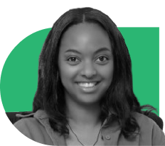 Smiling woman with shoulder-length dark hair wearing a collared shirt, against a bright green curved background.