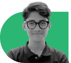 Portrait of a young person with short dark hair and glasses, wearing a polo shirt, against a green curved background.