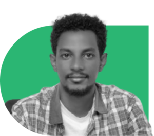 Portrait of a smiling man with a plaid shirt, light T-shirt, and short hair against a green abstract background in a rounded shape.
