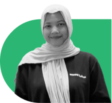 Smiling person wearing a light hijab and black top, in front of a green curved background shape.