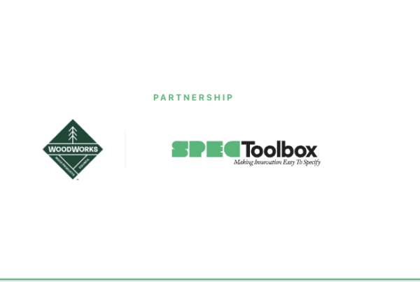 Partnership banner showing WoodWorks logo on the left and SPEC Toolbox logo on the right with a green 'PARTNERSHIP' label above and a green bottom border.