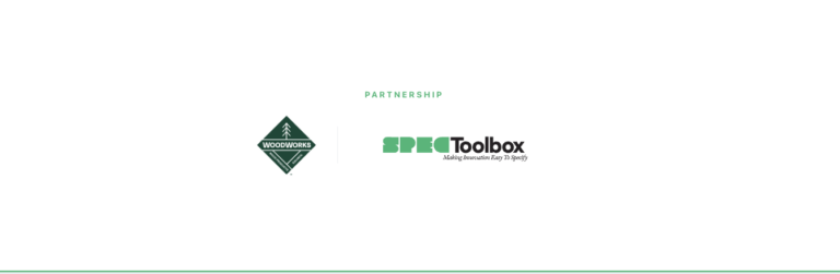 Partnership banner showing WoodWorks logo on the left and SPEC Toolbox logo on the right with a green 'PARTNERSHIP' label above and a green bottom border.